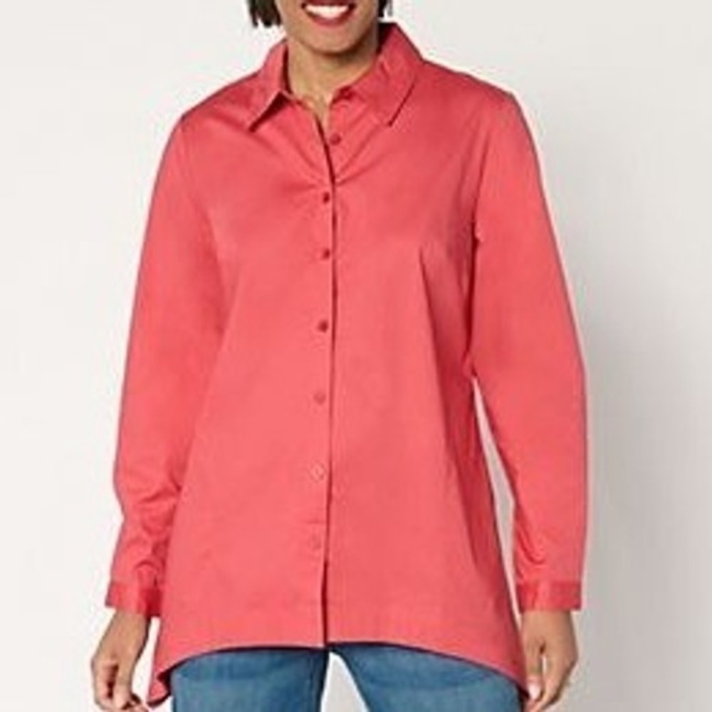 Denim & Co Button Front Poplin Tunic Clay Red XXS A703195